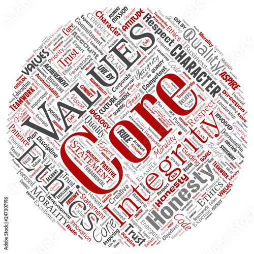 Vector conceptual core values integrity ethics round circle red concept word cloud isolated background. Collage of honesty quality trust, statement, character, perseverance, respect and trustworthy