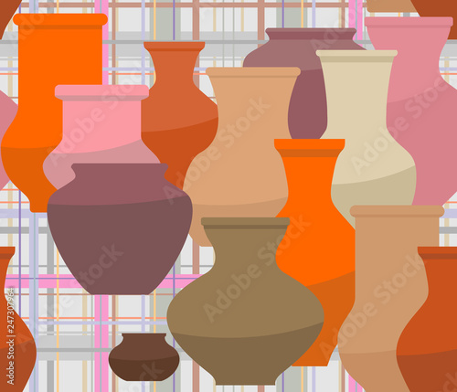 Seamless pattern that depicts a variety of ceramic vases on a checkered tablecloth background