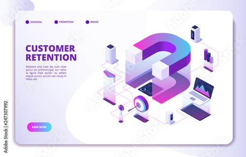 Customer retention isometric landing page. Client loyalty sale branding marketing, relationship. Attractive business vector concept. Illustration of customer retention service, marketing management