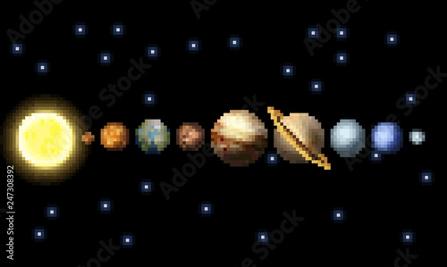 The Solar system in a retro 8 bit arcade video game pixel art style.