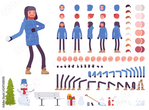 Stylish man in blue down jacket clothes character creation set