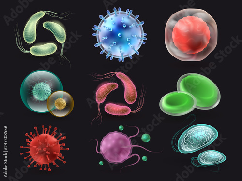 Bacteries and viruses vector set, microbiology elements isolated on black background. Collection of bacterial organism, disease microbe illustration