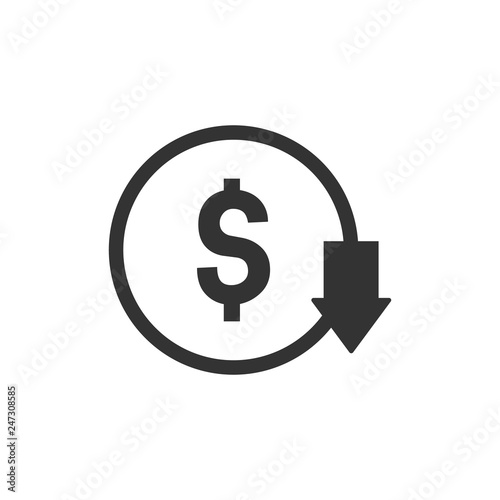 Money loss vector illustration. Cash with dollar sign with down arrow. Concept of financial crisis, market fall bankruptcy or budget recession. Investment expenses and bad economy reduction.