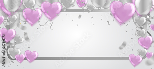Heart balloon, Valentine's day, banner template. with confetti helium balloon isolated in the air.for birthday, anniversary, celebration, event design