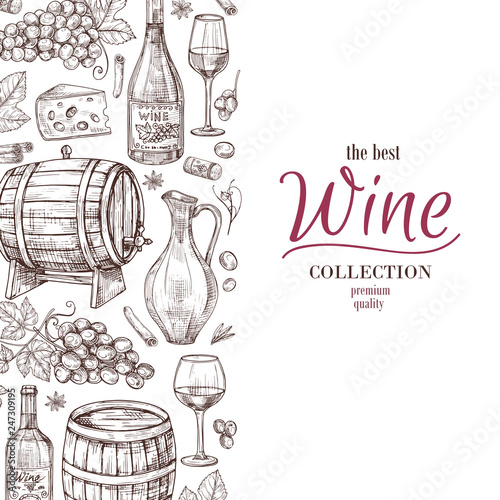 Hand drawn wine background. Wine bottles wineglass cask and grape border. Winery, restaurant vector menu template. Illustration of wine menu, bottle and cask