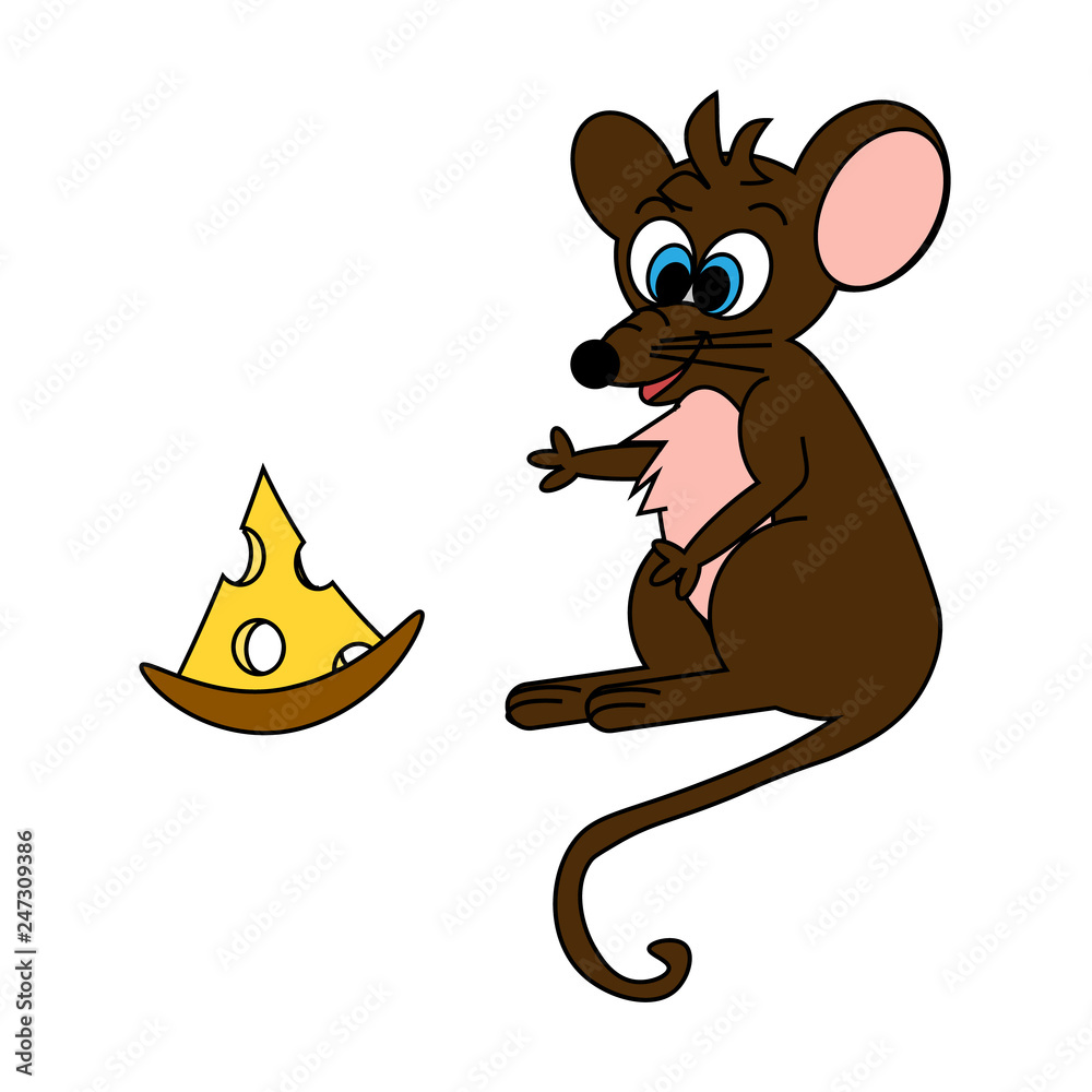 Funny brown with pink ears cartoon mouse with a piece of cheese isolated on  white background Flet style painted. Cartoon mice and cheese. Color  beautiful vector illustration. Stock Vector | Adobe Stock