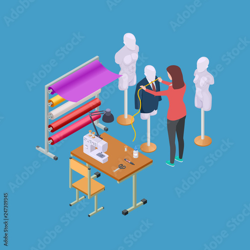 Sewing workshop, atelier and seamstress or designer isometric vector illustration. Sewing atelier, dummy mannequin, dressmaker and tailor