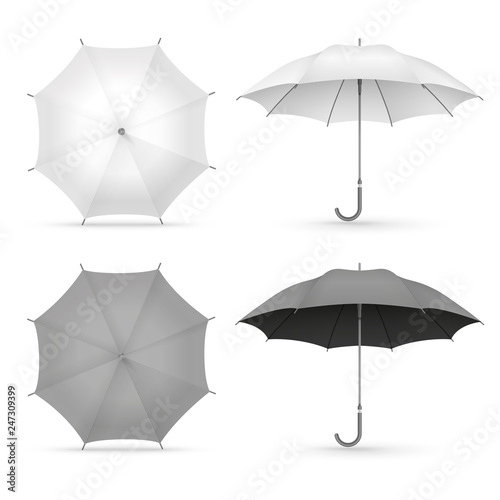 White and black realistic umbrellas isolated on white background. Illustration of umbrella protection  realistic accessory for safety water