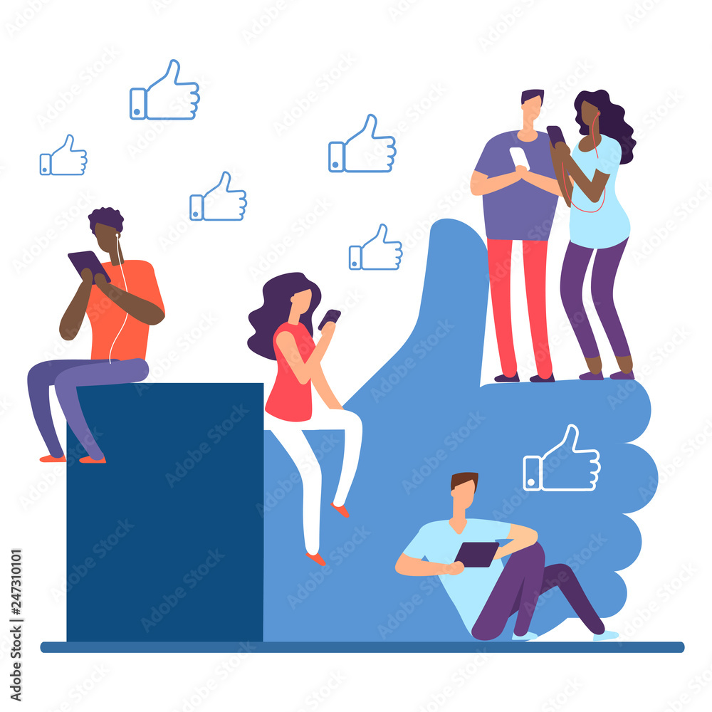 Social network and international people, like it vector concept. Illustration of people like in social media, smartphone chatting