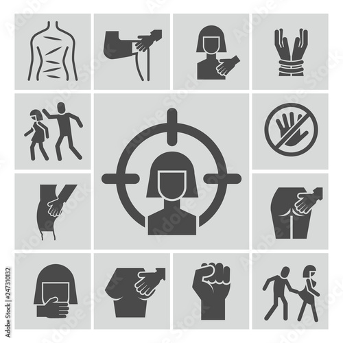 Stop violence, sexual abuse, harassment vector icons set. Violence and abuse, harassment and sexual victim illustration
