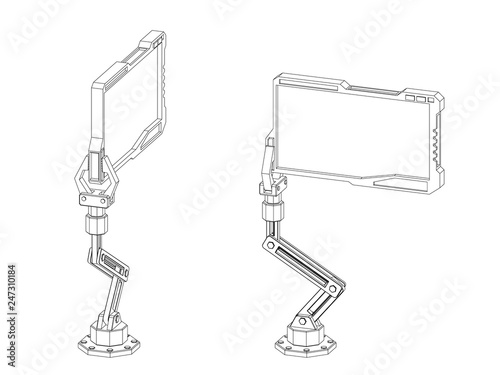 Robotic arm with futuristic monitor. Vector outline illustration.