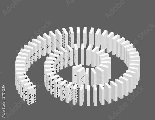 Spiral of dominoes. Isolated on grey background. 3d Vector illustration.