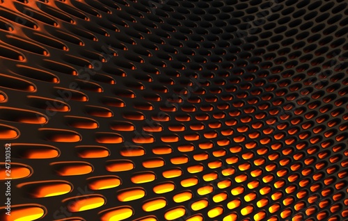 Metal mesh grild. Abstract 3d rendering background in high resolution. 3d render of  black carbon grid with orange light.