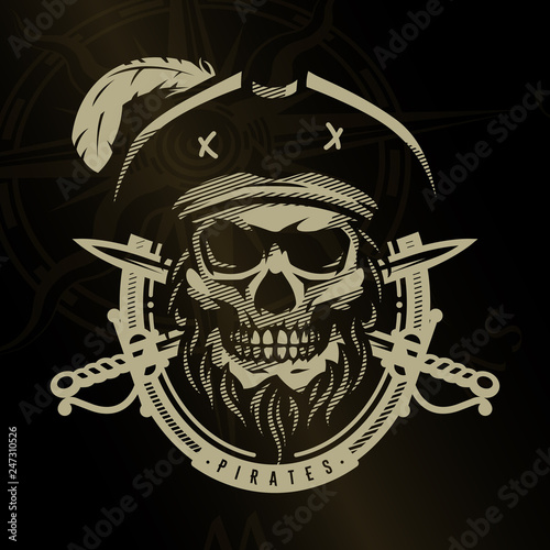 Pirate skull in vintage style. Skeleton head and crossed swords on a dark background.