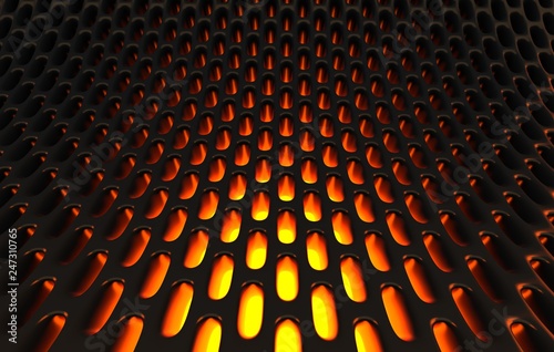 Metal mesh grild. Abstract 3d rendering background in high resolution. 3d render of  black carbon grid with orange light.