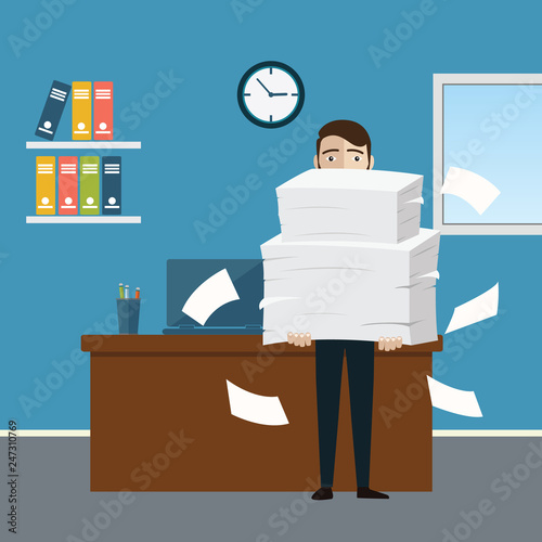 Businessman holds pile of office papers and documents. Documents and file Routine, bureaucracy, big data, paperwork, office. Vector illustration in flat style