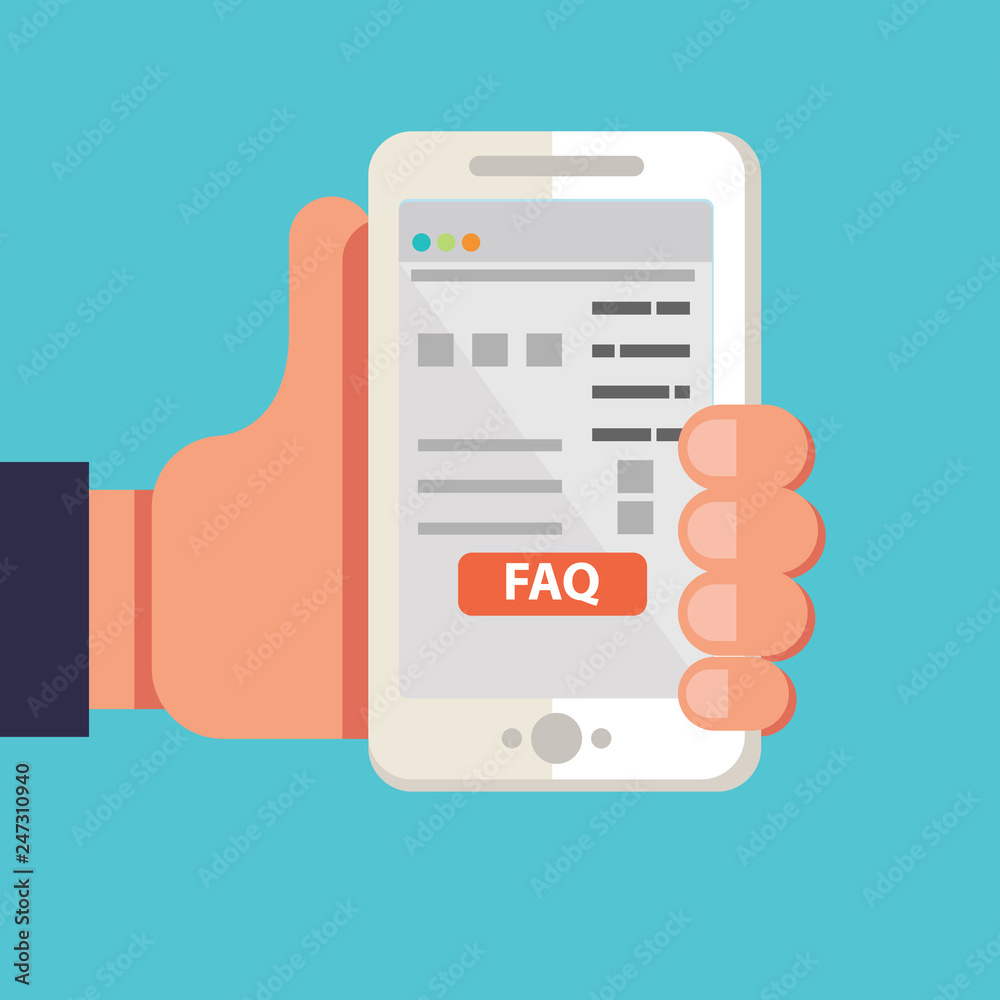 Illustration of a hand with smart phone with the text FAQ. Illustration of a hand with smart phone with the text FAQ.