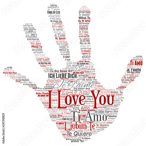 Vector conceptual sweet romantic I love you multilingual message hand print stamp word cloud isolated background. Collage of valentine day, romance affection,  happy emotion or passion lovely concept