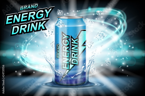 Energy drink label ads with ice cubes on dark background. Package design energy drink for poster or banner. Realistic aluminium can mock up. Vector 3d illustration