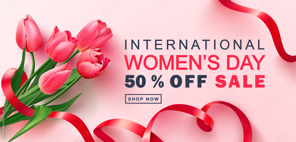 8 March Happy Women's Day sale banner. Beautiful Background with tulips and ribbon. Vector illustration for postcards,posters, coupons, promotional material.