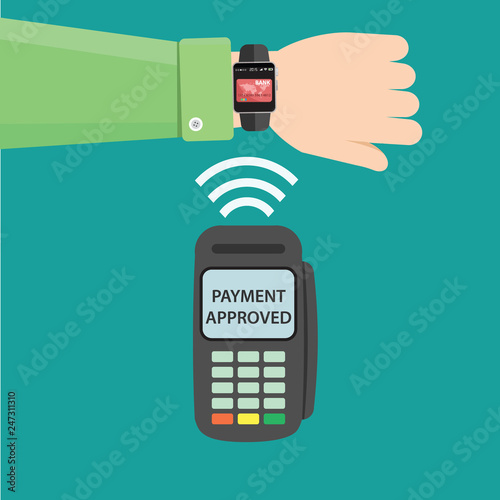 contactless payment concept - hand with smart watch and check out