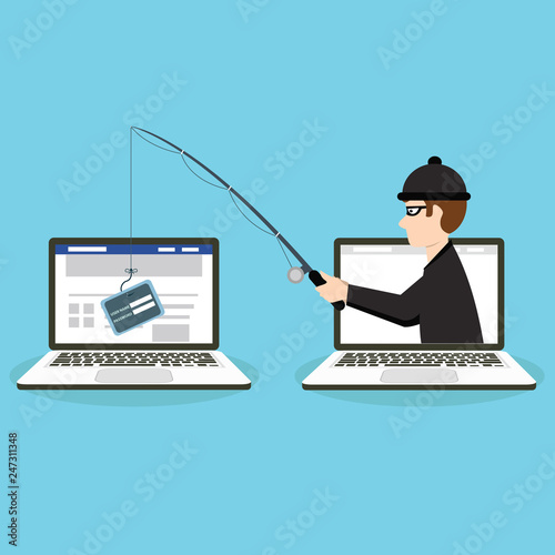 Phishing scam, hacker attack and web security vector concept. Illustration of phishing and fraud, online scam and steal
