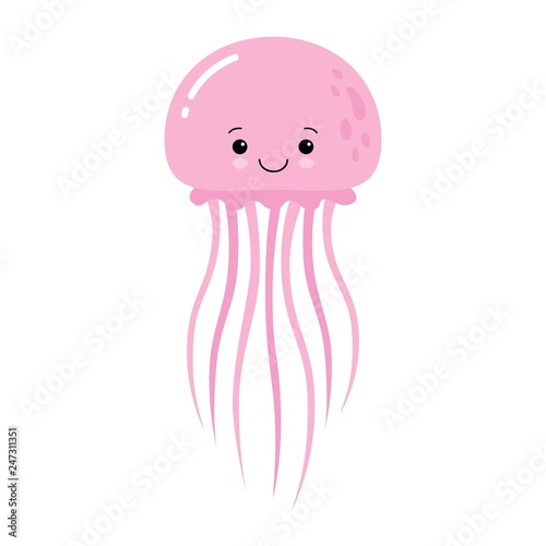 Vector illustration of cartoon funny pink jellyfish isolated on white background. Kawaii