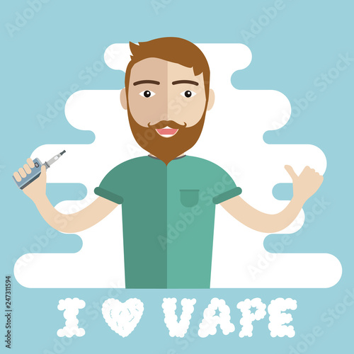 Smiling standing bearded hipster man holding vape or vaporizer and vaping with steam cloud around. Middle aged vaper. Vaping smoking alternative. Vape concept. Flat vector isolated illustration