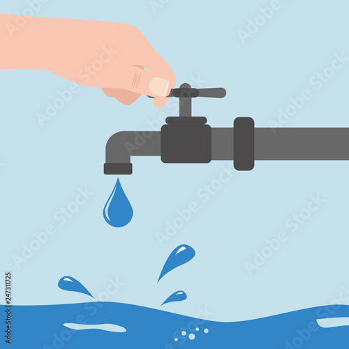 Turn off the water with man s hand isolated on background. Vector flat illustration