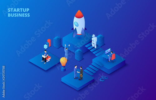 Dark isometric businnes start up concept with people, astronaut and rocket. Landing page template