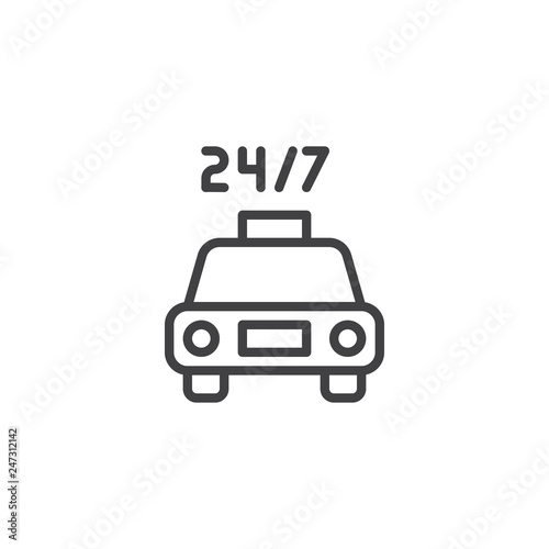 24 7 taxi service line icon. linear style sign for mobile concept and web design. 24 7 taxi car outline vector icon. Symbol  logo illustration. Pixel perfect vector graphics