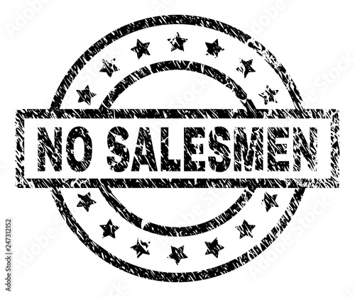 NO SALESMEN stamp seal watermark with distress style. Designed with rectangle, circles and stars. Black vector rubber print of NO SALESMEN label with retro texture.