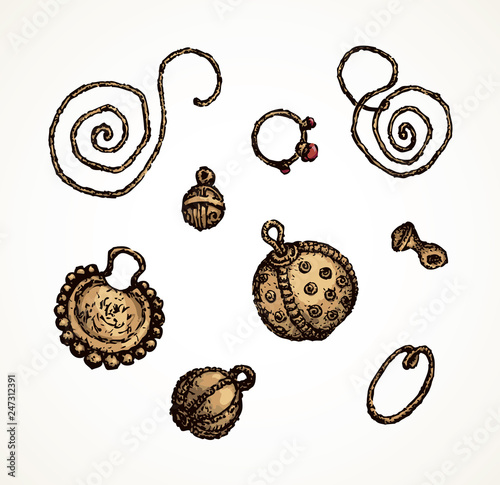 Ancient rings, earrings, buttons. Vector drawing