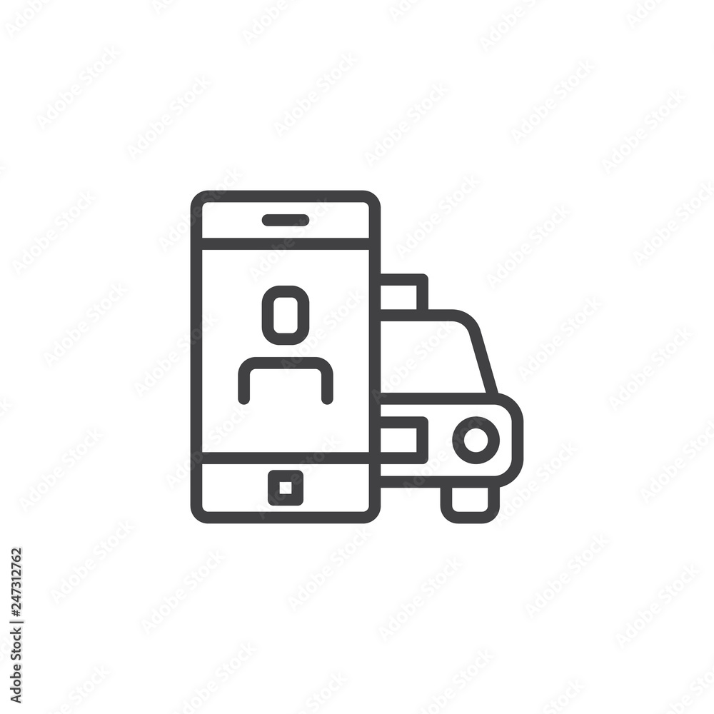 Online Taxi booking app line icon. linear style sign for mobile concept and web design. Mobile taxi order application outline vector icon. Symbol, logo illustration. Pixel perfect vector graphics Online Taxi booking app line icon. linear style sign for mobile concept and web design. Mobile taxi order application outline vector icon. Symbol, logo illustration. Pixel perfect vector graphics