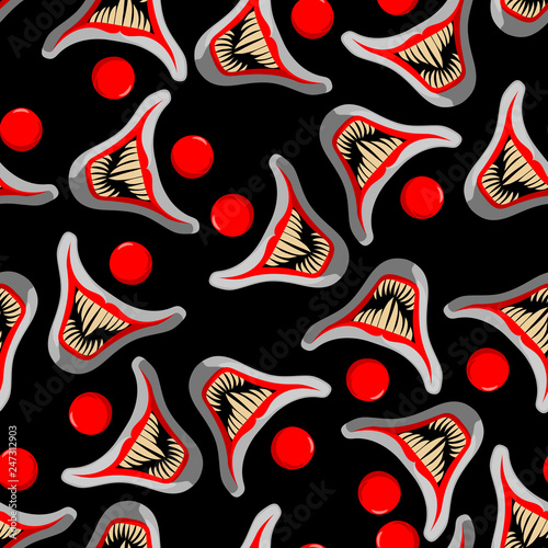 scary mouth and nose of a clown with large fangs pattern on a black background