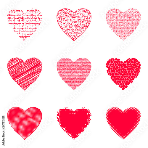 Set of Valentine Hearts with Abstract Texture Patterns, Holiday Symbols of Love, Design Elements. Vector