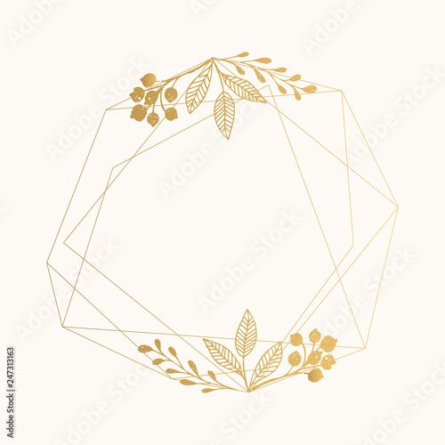 Gold foil geometric frame with leaves for luxury wedding design