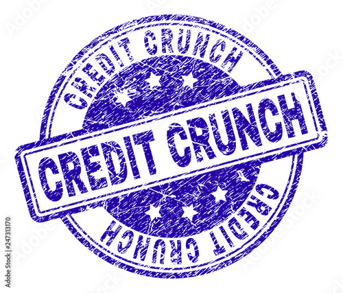 CREDIT CRUNCH stamp seal imprint with grunge texture. Designed with rounded rectangles and circles. Blue vector rubber print of CREDIT CRUNCH label with grunge texture.