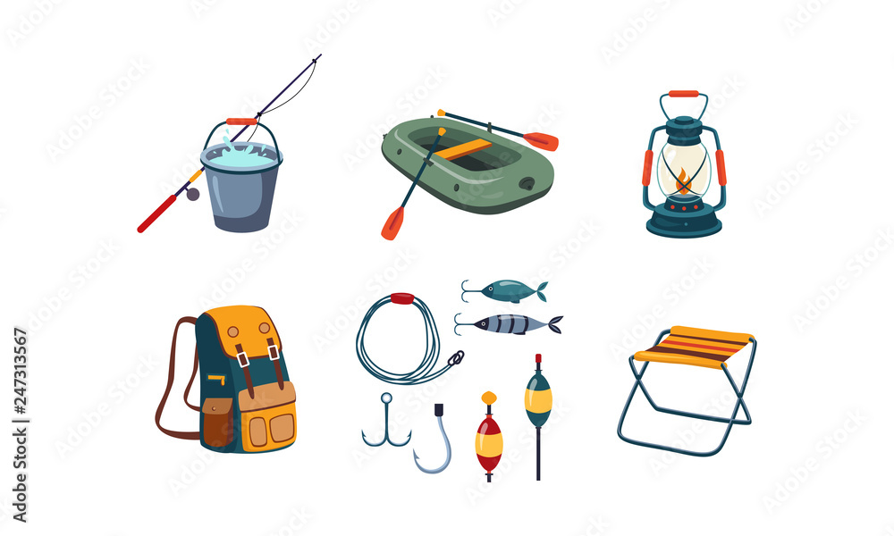Fishing and camping icons set, bucket and fishing rod, rubber boat,  kerosene lamp, backpack, hook, bobber, bait, folding chair vector  Illustration Stock Vector