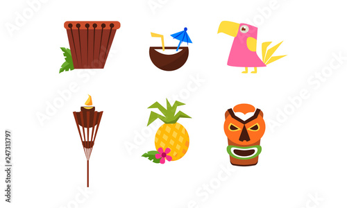 Symbols of Hawaiian culture set, summer vacation, summertime, beach holidays vector Illustration © topvectors