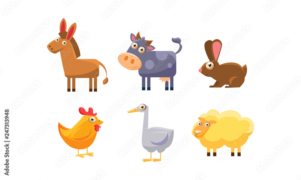 Cute farm animals set, donkey, cow, chicken, rabbit, goose, sheep vector Illustration Cute farm animals set, donkey, cow, chicken, rabbit, goose, sheep vector Illustration