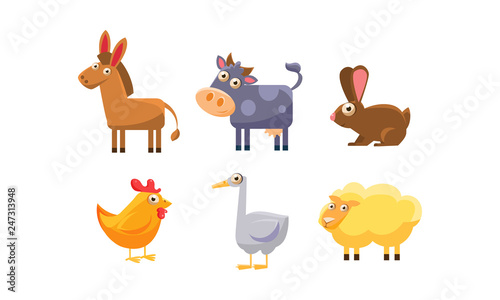 Cute farm animals set, donkey, cow, chicken, rabbit, goose, sheep vector Illustration