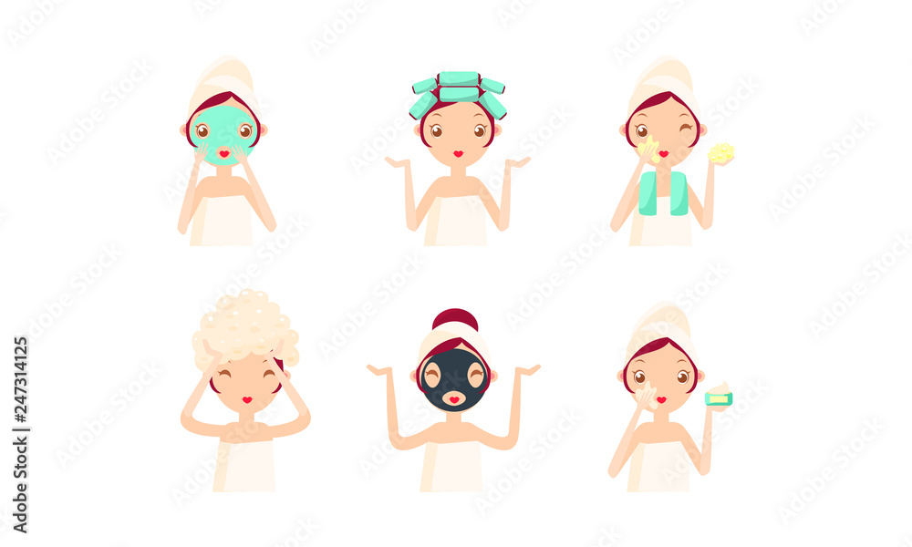 Young woman cleaning and caring her face and hair set, facial treatment, hygiene, vector Illustration Young woman cleaning and caring her face and hair set, facial treatment, hygiene, vector Illustration