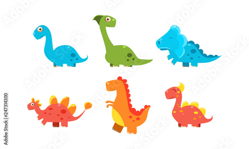 Collection of cute cartoon dinosaurs  funny colorful dino characters vector Illustration