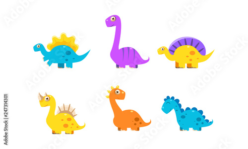 Collection of cute cartoon dinosaurs, colorful happy dino characters vector Illustration