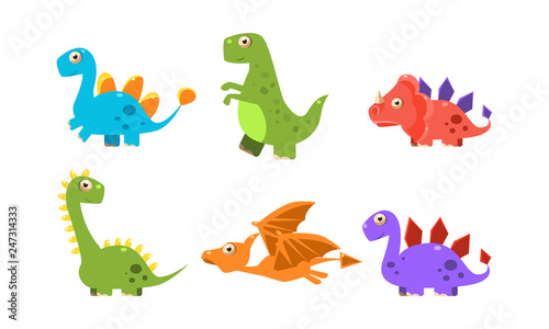 Collection of colorful cute dinosaurs, happy cartoon dino characters vector Illustration © topvectors