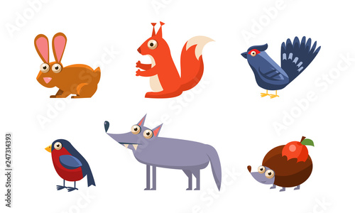 Collection of wild forest animals, hare, grouse, wolf, bullfinch, hedgehog vector Illustration