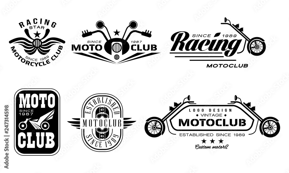 Fototapeta premium Vector set of vintage motorcycle club logos. Monochrome emblems with motorbikes, steering bars, helmets and text