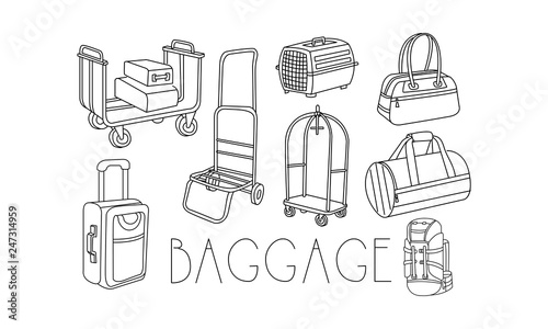 Vector set of hand drawn travel bags and trolleys for luggage. Suitcase, pet container, travel backpack, women handbag
