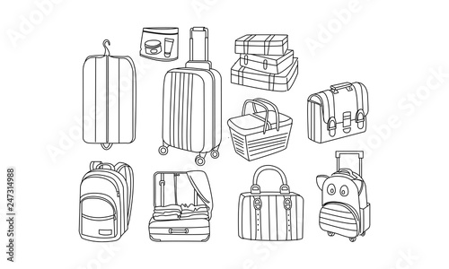 Vector set of hand drawn bags and luggage. Picnic basket, cover for clothes, suitcase, travel backpacks, briefcase